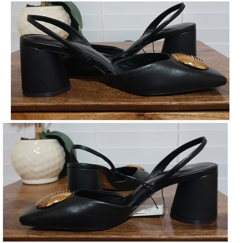 NWT (SMALL SPOT)ZARA Black Leather Large Gold Medallion Slingback Mule sz 38 (8) - Picture 8 of 8